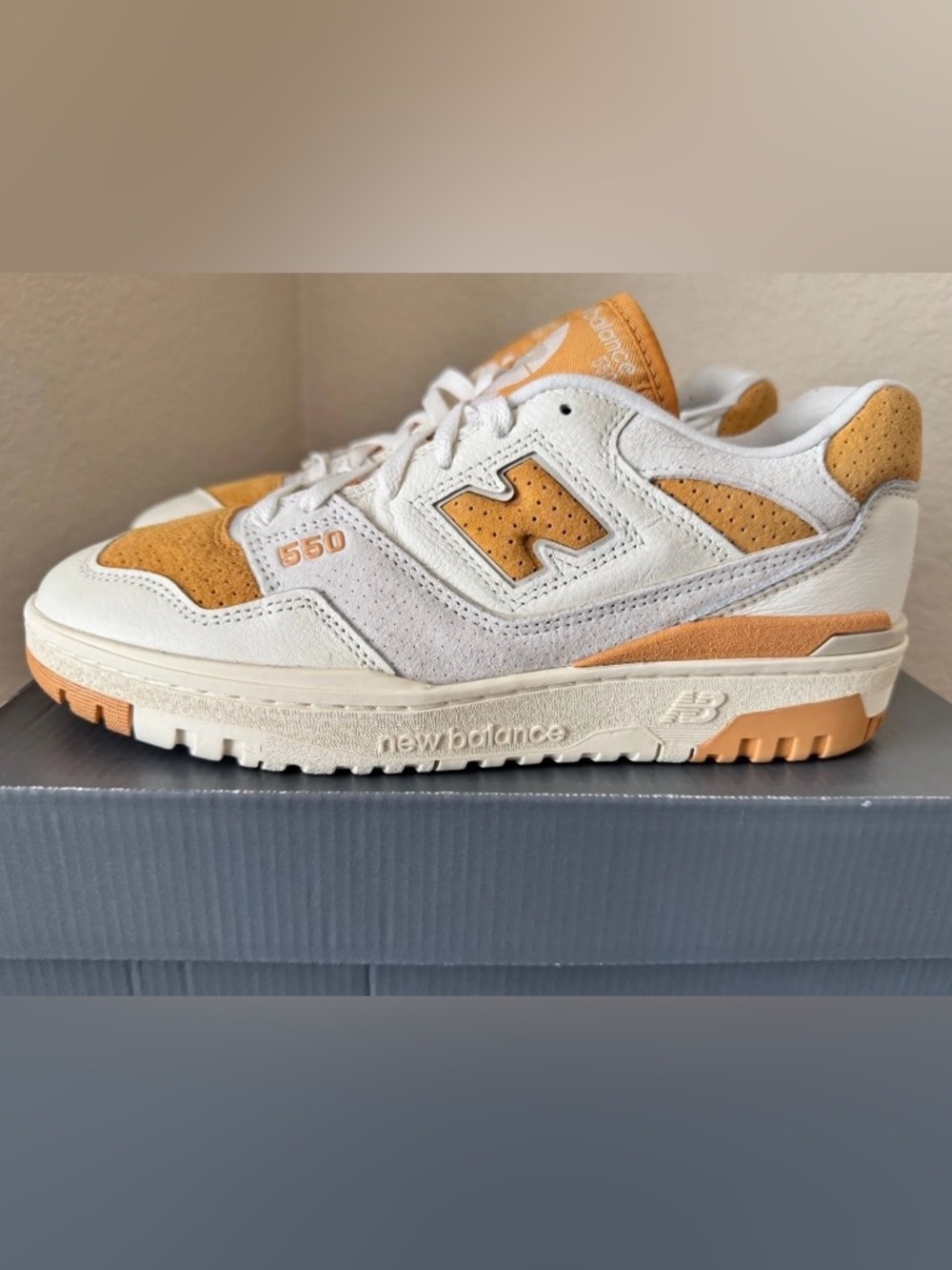 New Balance 550 White/Orange, Size 9M/10.5W. Brand New in Box.
